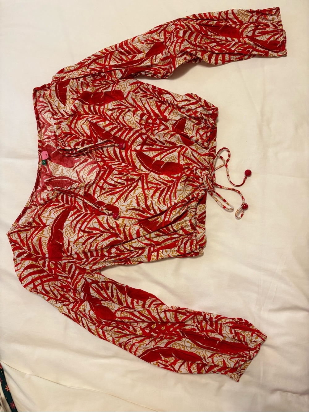 FARM Rio Red and Cream Tropical Print Long-Sleeve Blouse